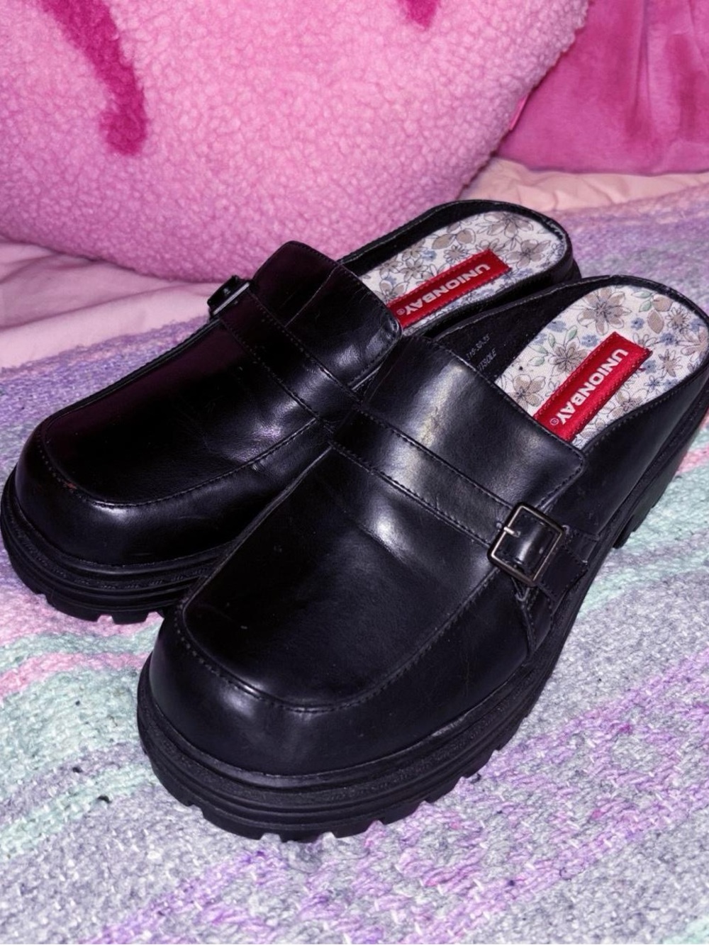 Y2K Unionbay Black Chunky Platform Mule Loafers Size 6.5 Buckle Lug Sole